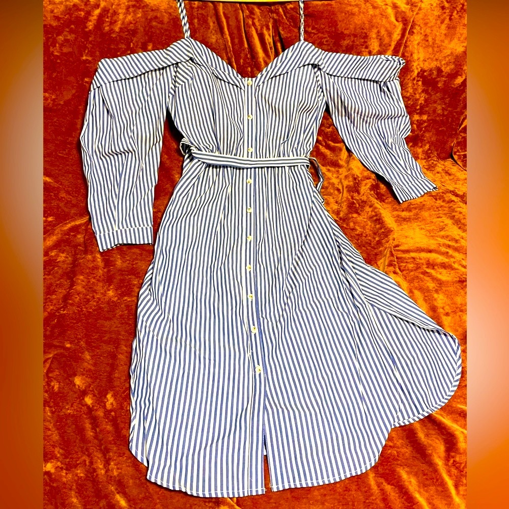 Off the shoulder, Blue and white striped dress.